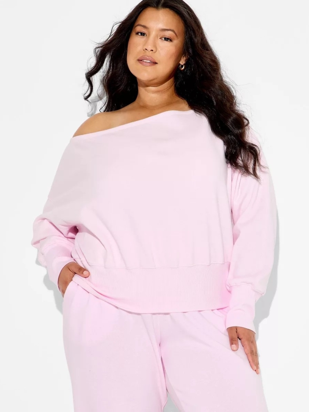 Women’s Off-Shoulder Cozy Sweater - Light Pink